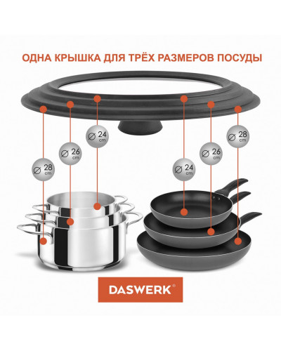 Крышка для сковороды и кастрюли универсальная Daswerk (24/26/28 см) серая 607591