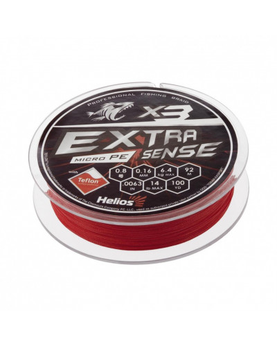 Шнур плетеный Helios Extrasense X3 PE 0.8/14LB 0,16мм 92м Red HS-ES-X3-0.8/14LB