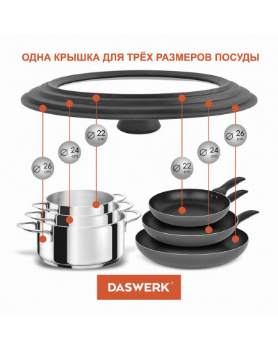 Крышка для сковороды и кастрюли универсальная Daswerk (22/24/26 см) серая 607588