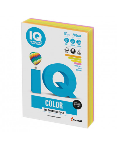 Бумага цветная для принтера IQ Color А4, 80 г/м2, 200 листов, 4 цвета, RB04