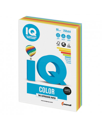 Бумага цветная для принтера IQ Color А4, 80 г/м2, 250 листов, 5 цветов, RB02