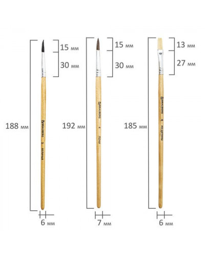 Кисти Brauberg 3 шт (белка, круглая № 3; пони, круглая № 4; щетина, плоская № 6)