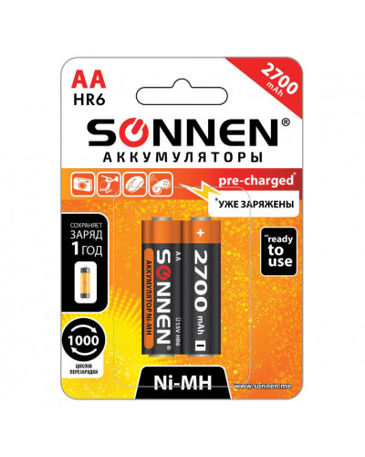 Батарейки аккумуляторные Sonnen HR06 (АА) Ni-Mh 2700 mAh 2 шт (454235)