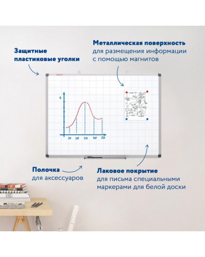 Доска магнитно-маркерная в клетку, 60х90 см, алюминиевая рамка, Brauberg Extra, 237563