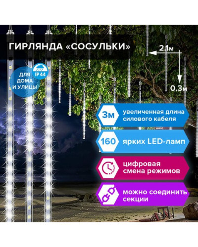 Уличная светодиодная гирлянда Золотая Сказка Сосульки 160 LED, 8 нитей, 2,1х0,3 м, 220V 591340