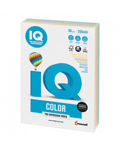 Бумага цветная для принтера IQ Color А4, 80 г/м2, 250 листов, 5 цветов, RB01