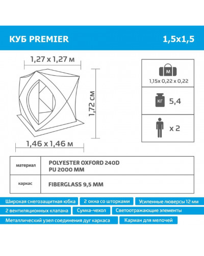 Зимняя палатка Куб Premier Fishing 1,5х1,5 м (PR-ISC-150YLG)