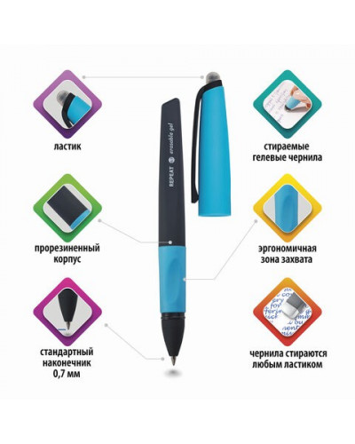 Ручка стираемая гелевая Brauberg 0,5 мм синяя + 3 сменных стержня 143663