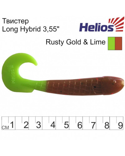 Твистер Helios Long Hybrid 3,55"/9,0 см, цвет Rusty Gold & Lime 7 шт HS-15-017